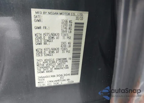 2011 Nissan Titan Sl из США, поврежденный, VIN 1N6AA0EC4BN306304